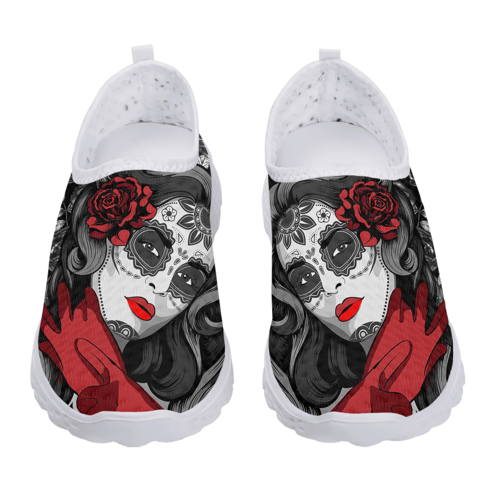 INSTANTARTS Sugar Skull Girl Loafers Comfortable Breathable Mexican Skull Slip-on Shoes Flat Mesh Shoes Women's Walking Shoes