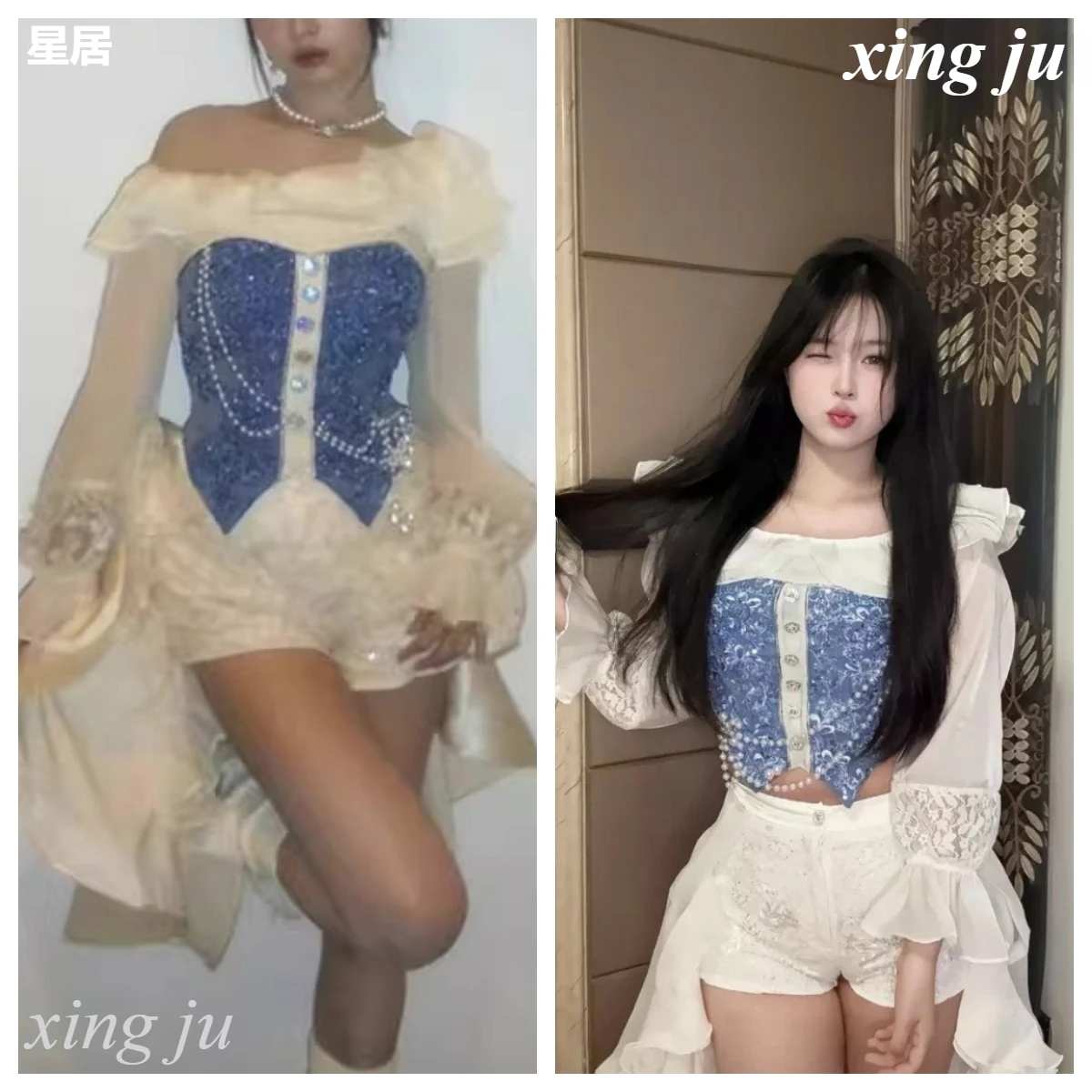 

Korean Fashion Jazz Dance Costume Women Singer Strapless Tops Kpop Outfit White Tight Shorts Nightclub DJ Stage Performance Wear