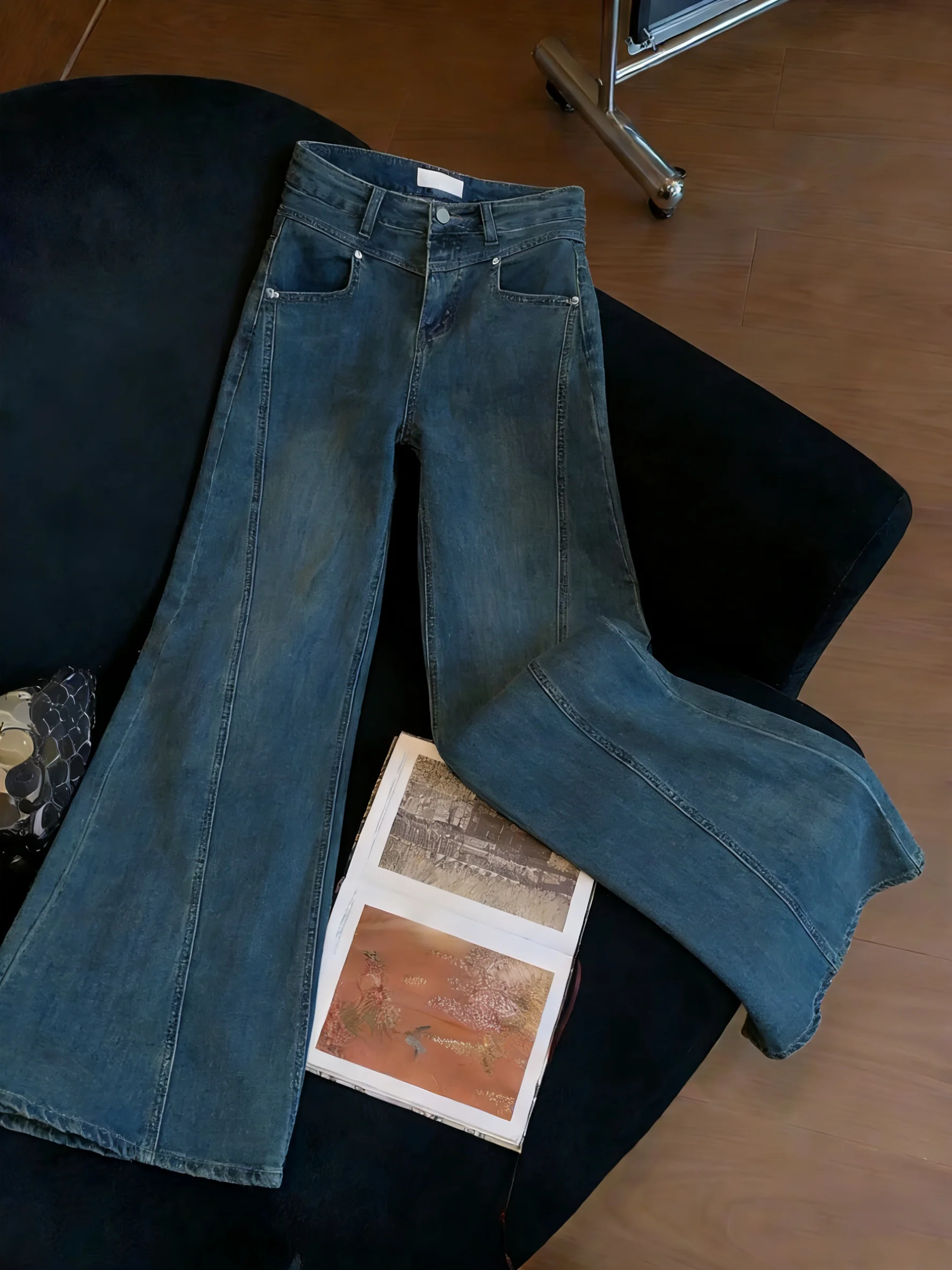

Retro Loose Fit Wide Leg Jeans Women's Deep Blue Non-Fit Leg Micro Flared Denim Pants Spring Autumn High Waist Slimming Trousers