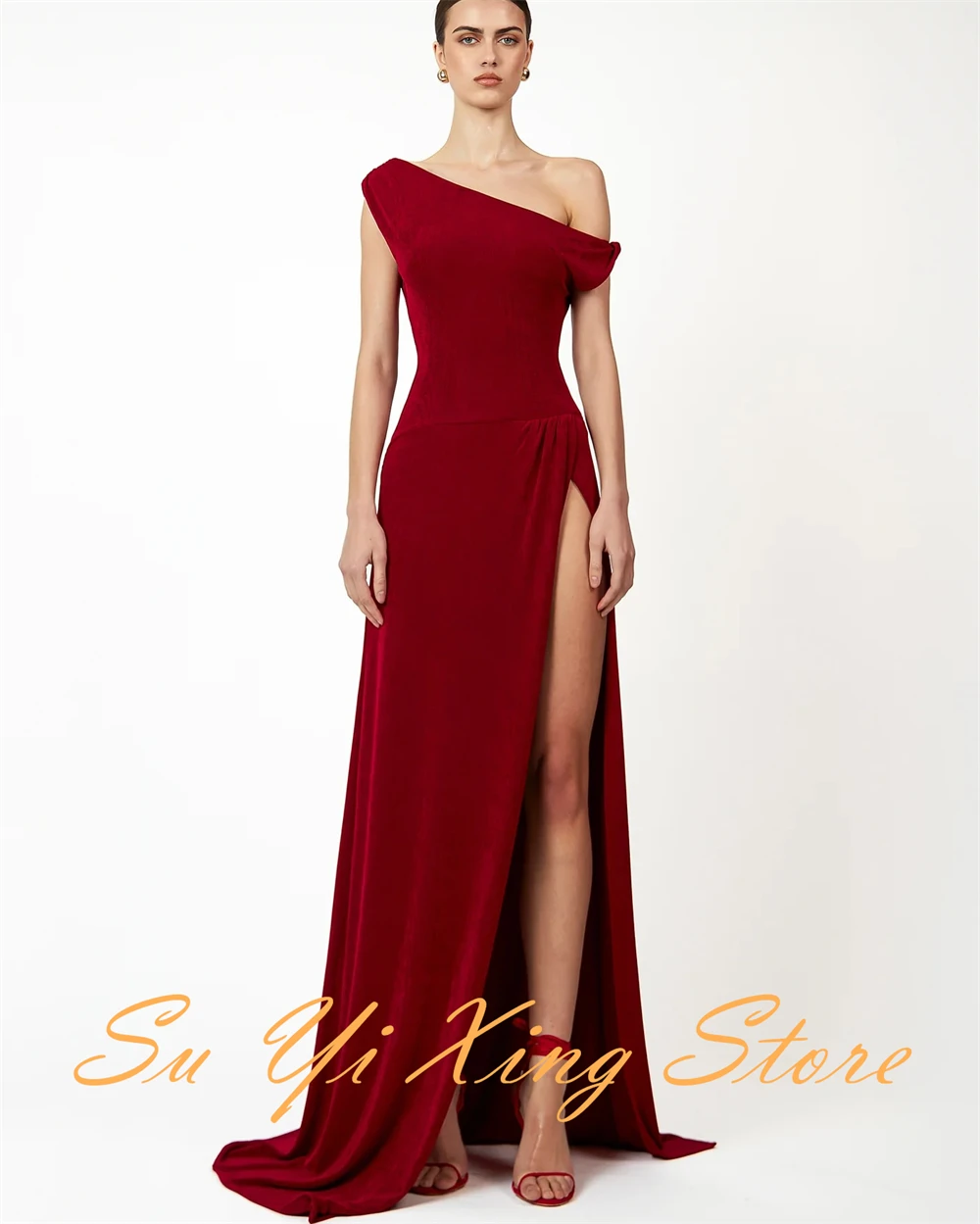 Customized  Exquisite Sheath Side Slit Evening Dress Temperament One Shoulder Celebrity Gowns Fashion  Velvet Homecomin