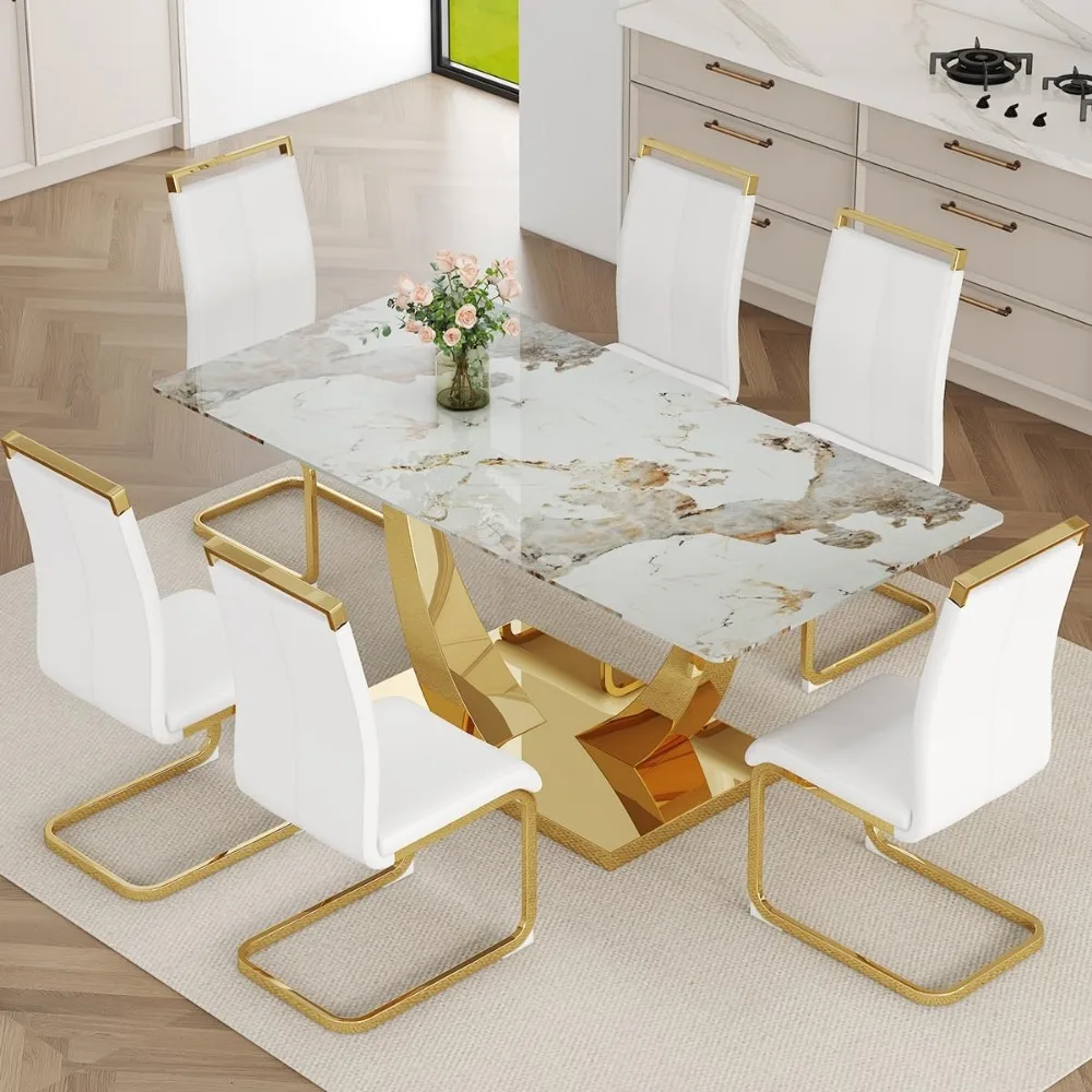 

Набор обеденных столов из искусственного мрамора на 6 человек, набор прямоугольных обеденных столов на 6 человек, золотой кухонный стол и 6 белых стульев из искусственной кожи, 71 дюйм