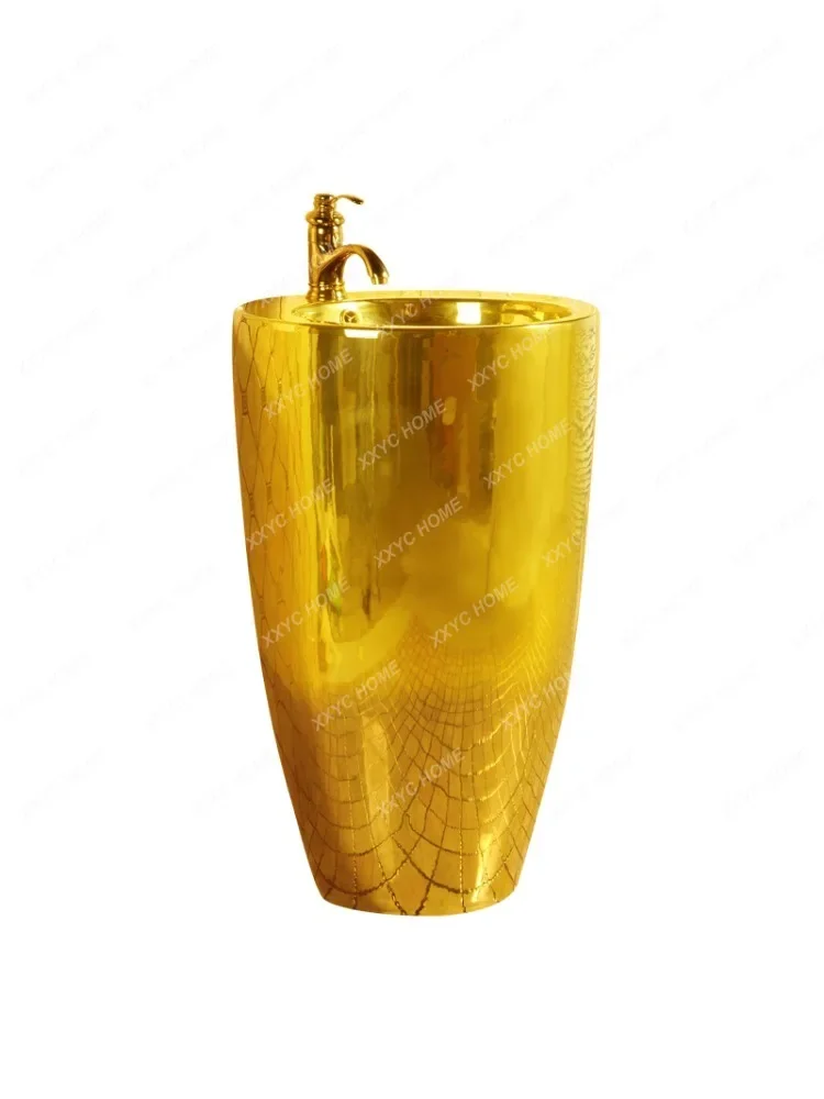 Cylindrical Luxury Gold Column Type Washbasin Sink Inter-Platform Basin Integrated Floor Bathroom Wash Basin Gold