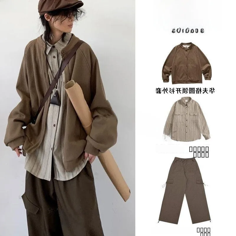 

Retro Autumnal ex Loose Fit Pure Color Gingham Jaet oulder Sve Insertion Long Sve Stand Collar Special Wide Men...