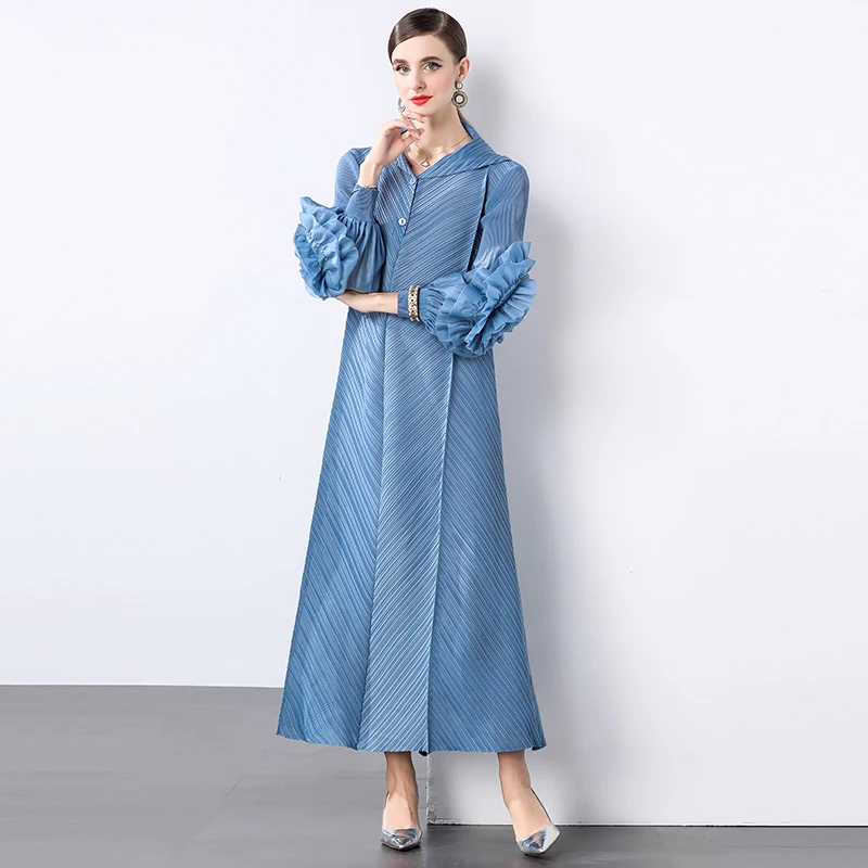 

Miyake Pleated Maix Dress Women's Fall 2024 Lantern Sleeve V-Neck Fashion 3D Decal Large Size High Stretch Long Robe Vestidos