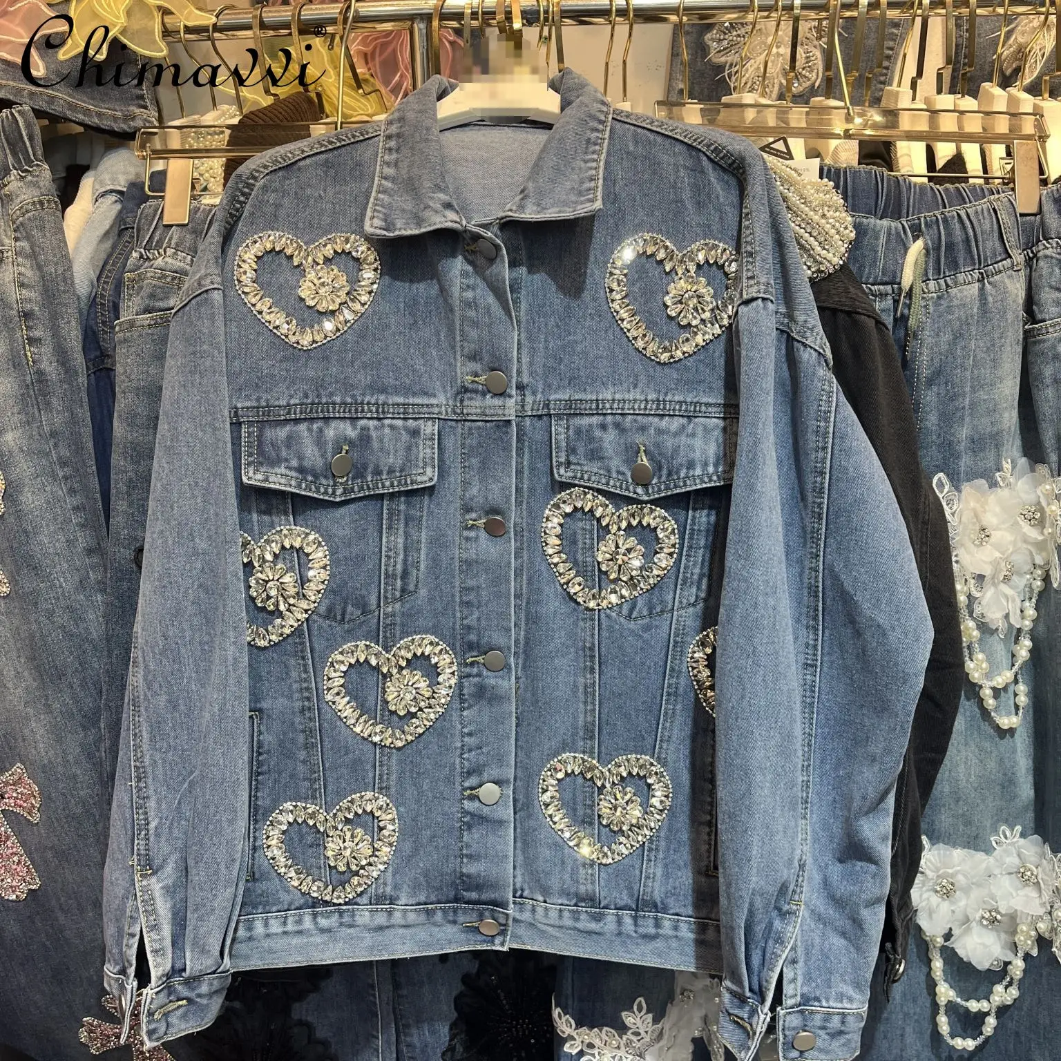 

Autumn Winter New Heart-shaped Rhinestone Denim Jacket Women Fashion Long Sleeve Loose Streetwear Versatile Women's Coat Top