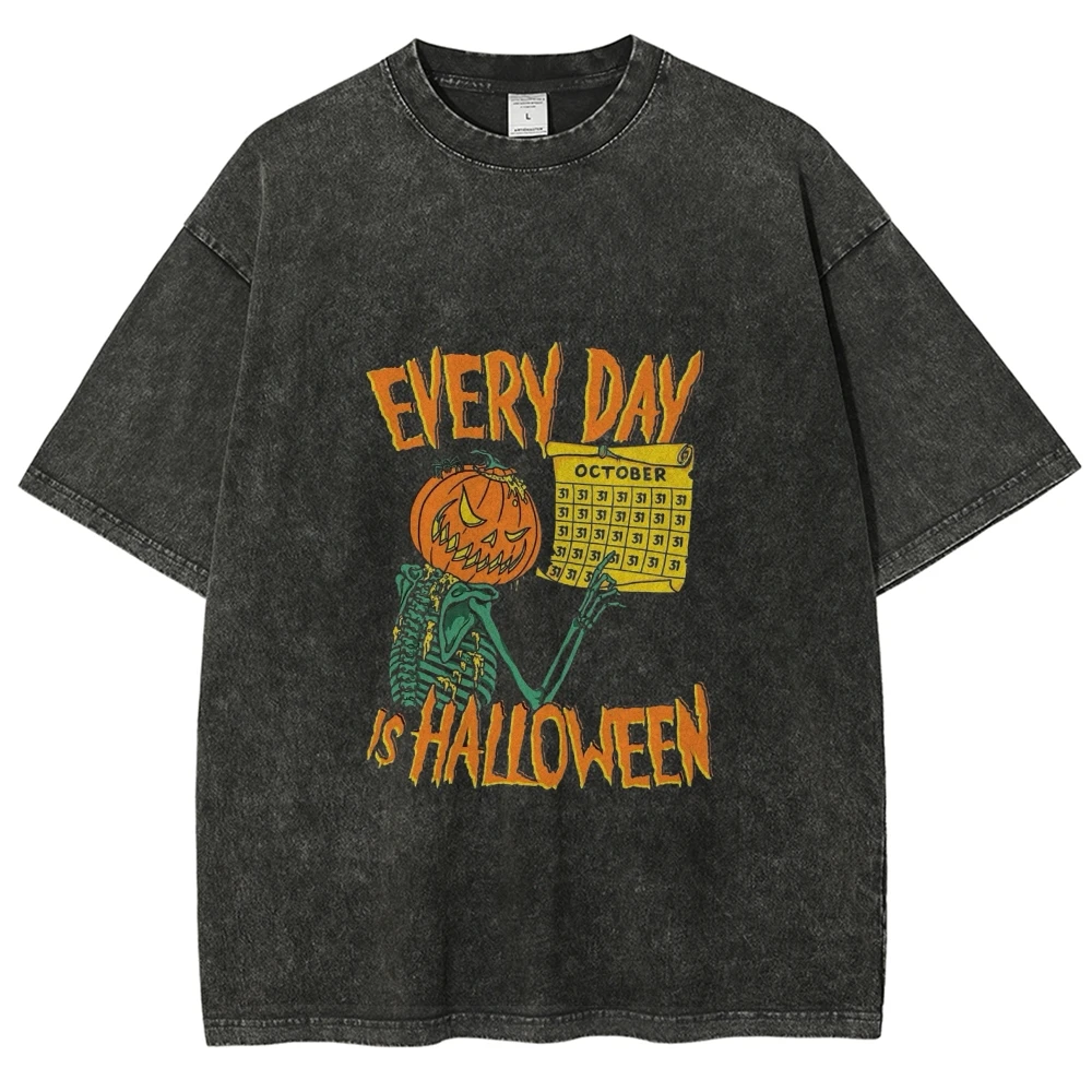 

Everyday Is Halloween Trendy Vintage Unisex Washed T-shirt Halloween Month New Gothic Skull Skeleton Printing Hip Hop Men's Tee