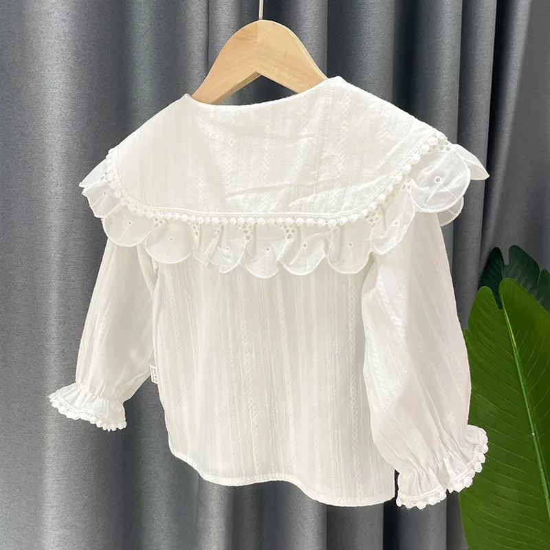 1-6 years old girl\'s shirt new white shirt double collar lace Korean version of foreign style baby base shirt spring and autumn