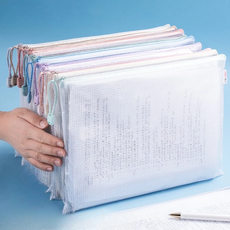 

A4 Zipper Mesh Bags Waterproof, Clear Plastic Document Pouch for Organizing Travel Office Supplies, File Storage Bags