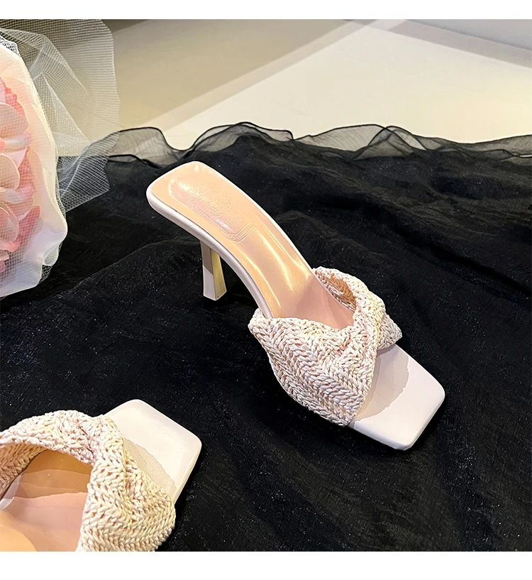AIYKAZYSDL Women Open Toe Twist Weave Knit Crochet High Heel Slides Mules Sandals Slippers Wedding Shoes Concise Pumps 2026