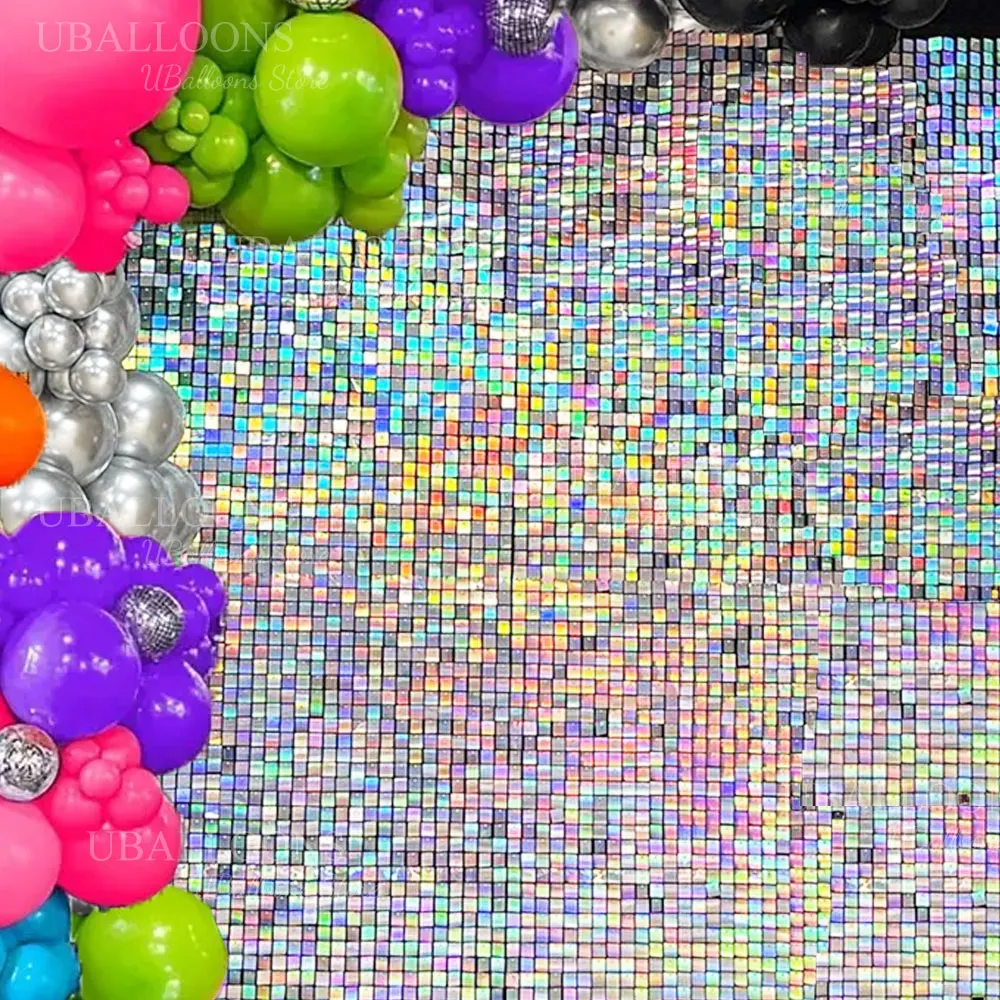 Iridescent Silver Shimmer Wall Panels 12-24pcs Laser Silver Sequin Wall Panels for Disco Birthday Wedding Party Backdrop Decor