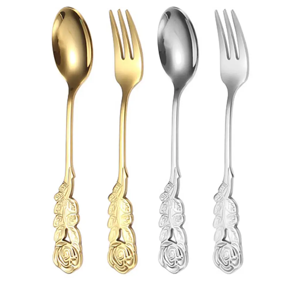 1Set Professional Stainless Steel Coffee Spoons Forks Set Mirror Polished Dessert Serving Utensils for Tea Party