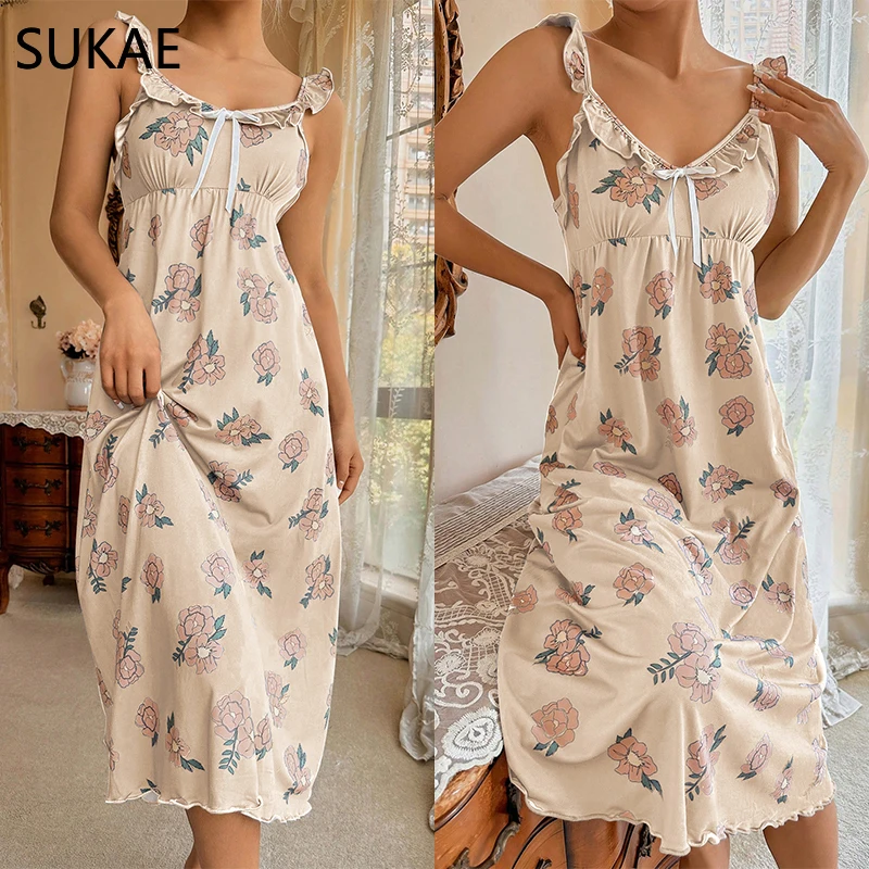 SUKAE Gorgeous Women Nightgowns Summer Retro Nightdress Ruffle Dress Elegant Floral Homedress Chic Slim Gowns Lady Lingerie