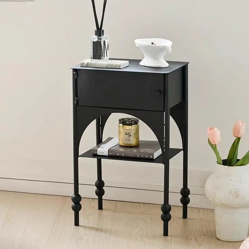 Retro Light‑Luxury Narrow Side Cabinet Black Sofa Side Table Bedroom Bedside Nightstand