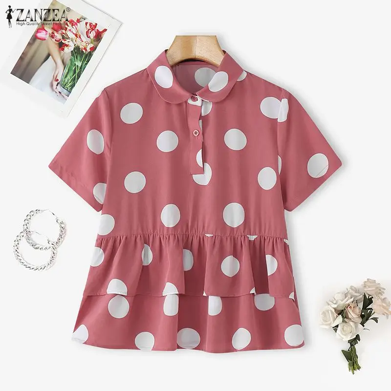 

ZANZEA Fashion Women Short Sleeve Shirts Polka Dot Print Blouse Casual 2026 Summer Ruffled Tops Tunic Korean Blusas Femininas