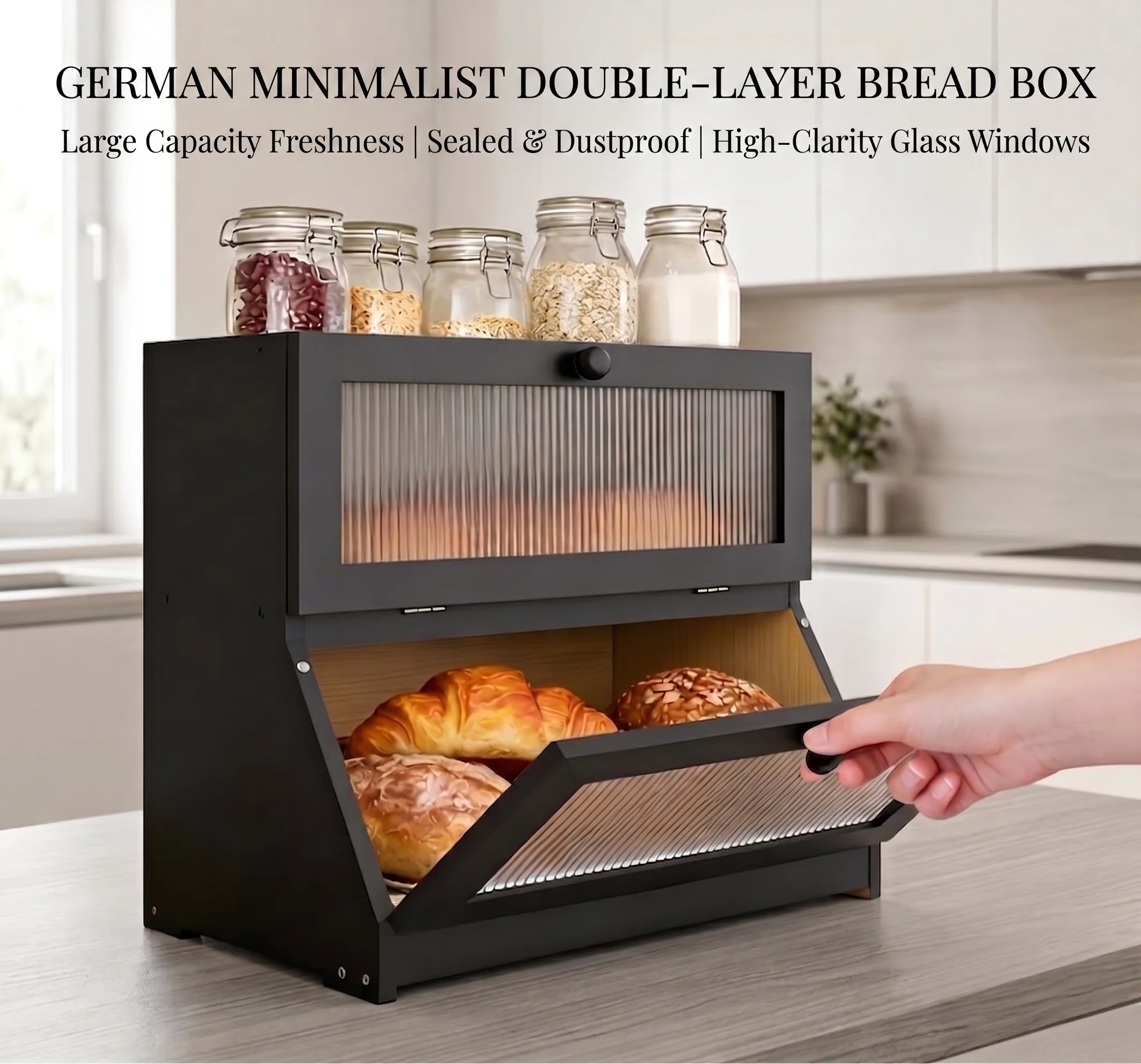 Caja de Pan de Doble Capa, Caja de Almacenamiento de Pan de Madera de Gran Capacidad con Puerta Abatible, Contenedor de Pan Ventilado para la Encimera de la Cocina, Negro