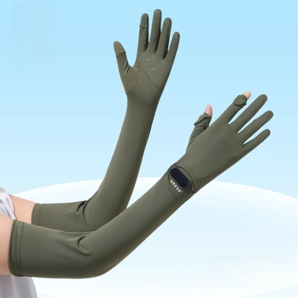 

Simple Solid Color Long Sleeve Sun Protection Flip Ice Silk Arm Sleeve Non-slip Elastic Summer Arm Cover Women