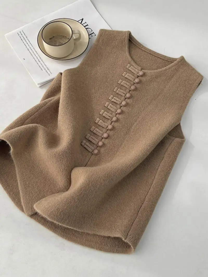 

Herfst Nieuwe Chinese Stijl Gesp Vintage Losse Veelzijdige Commuter Effen Kleur Retro Single-breasted Vest Chic Top