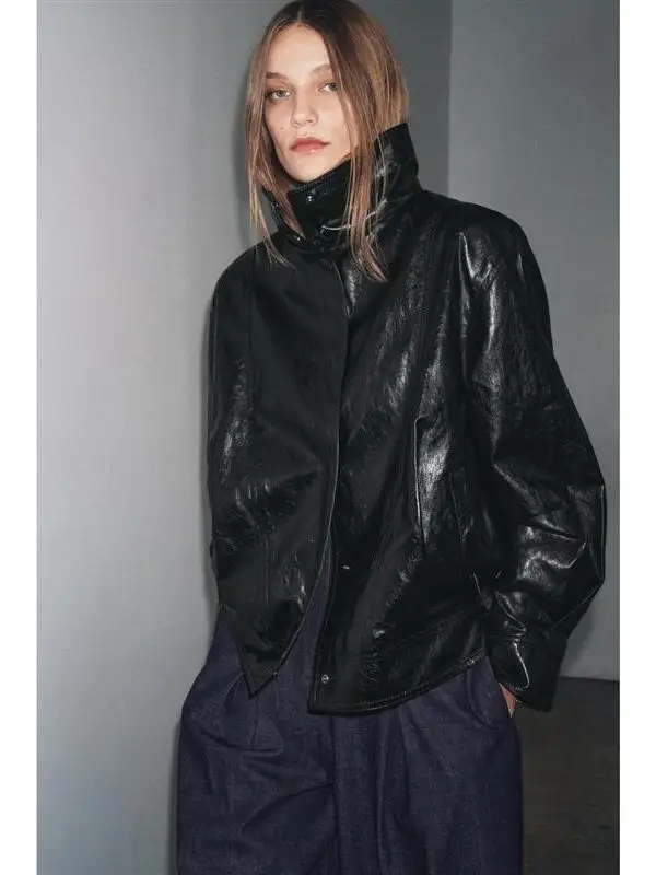 ロングスベパイロットジャケットアウターウェアジッパー開閉式kブルー秋用フリップカバーフェムレザーコート通勤用合成レザー...