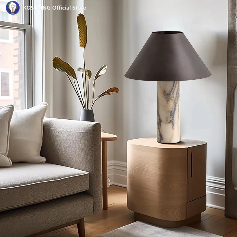 Italian Designer Marble Table Lamp Creative Iron Lampshade Bedside Living Room Decoration Item Luxury Desk Light Stone Base