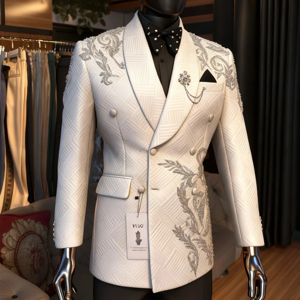 

Brilliant Jewelry Stones Suit Attire For Wedding 2 Piece Set Peaked Lapel Prom Blazer Customized Men Party Tuxedos Ropa Hombre