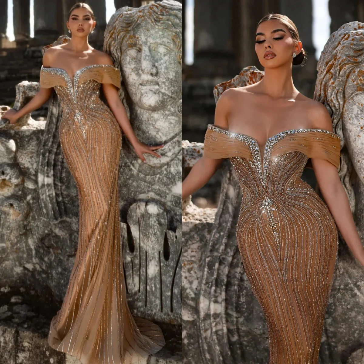 

Vintage Off The Shoulder Evening Dresses Shiny Beaded Sequined Mermaid Prom Dress Customized Floor Length Lace Party Gown