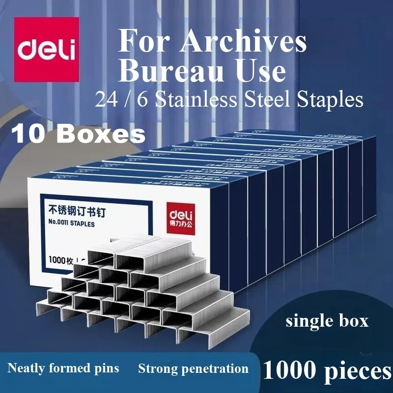 10 Boxes Wholesale Stainless Steel Staples Box Deli 0011 Universal 24/6 Staples 12#(12.7x6mm) - Rust Proof Durable Staples
