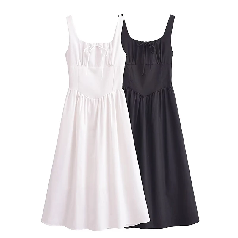 YENKYE Sexy Elegant Women French Black White  Sleeveless Dress Square Neck Low Waist Female Summer Holiday Dresses