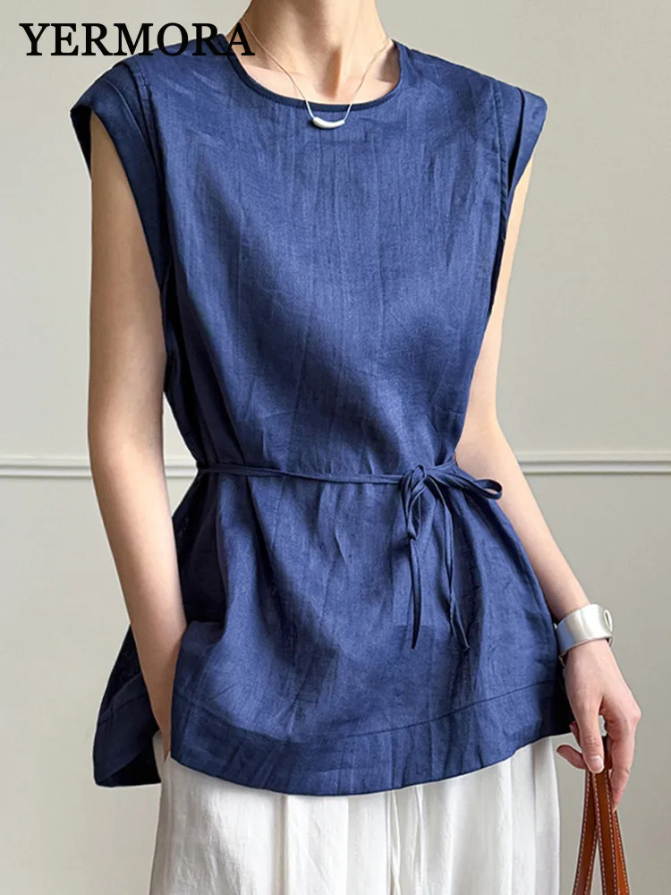 

YERMORA Navy Blue Belte Brief Casual Thin Blouse For Women O-neck Sleeveless Loose New Vest Shirt Fsahion Spring Summer 2025