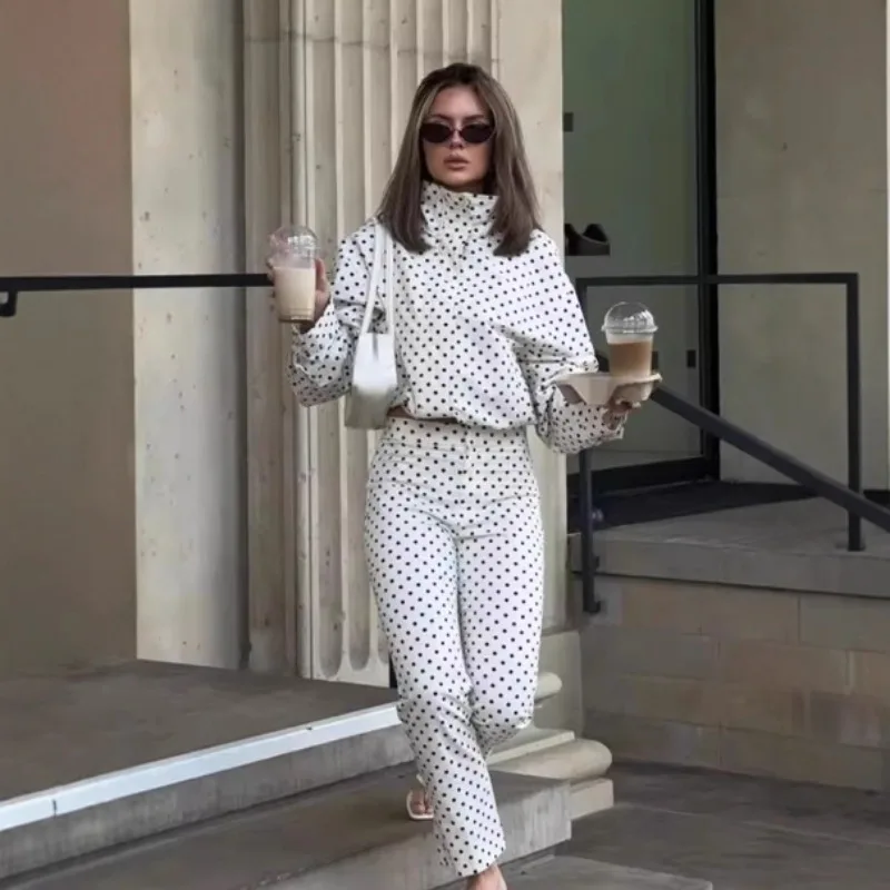 YLT Women 2026 New Hot Selling Stand Collar Polka Dot Seersucker Bomber Jacket Waist Drawstring Design Set Chic Trendy Hit Vogue