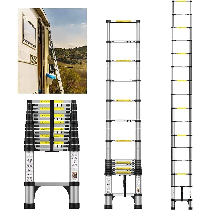 15.5FT Telescoping Ladder, Aluminum Extension Ladder w/Non-Slip Feet, Portable Retractable Ladder, Collapsible Roof Ladder