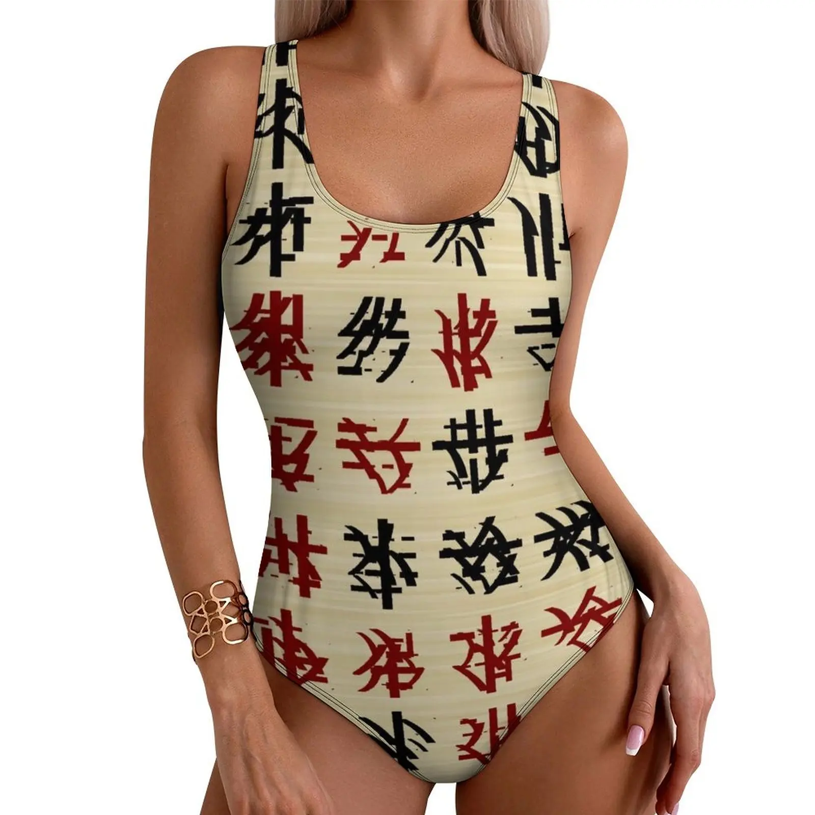 

Fun Letter Print Swimsuit Chinese Alphabet One-Piece Swimwear Push Up Vintage Bathing Suits Sexy Fitness Graphic Bodysuit