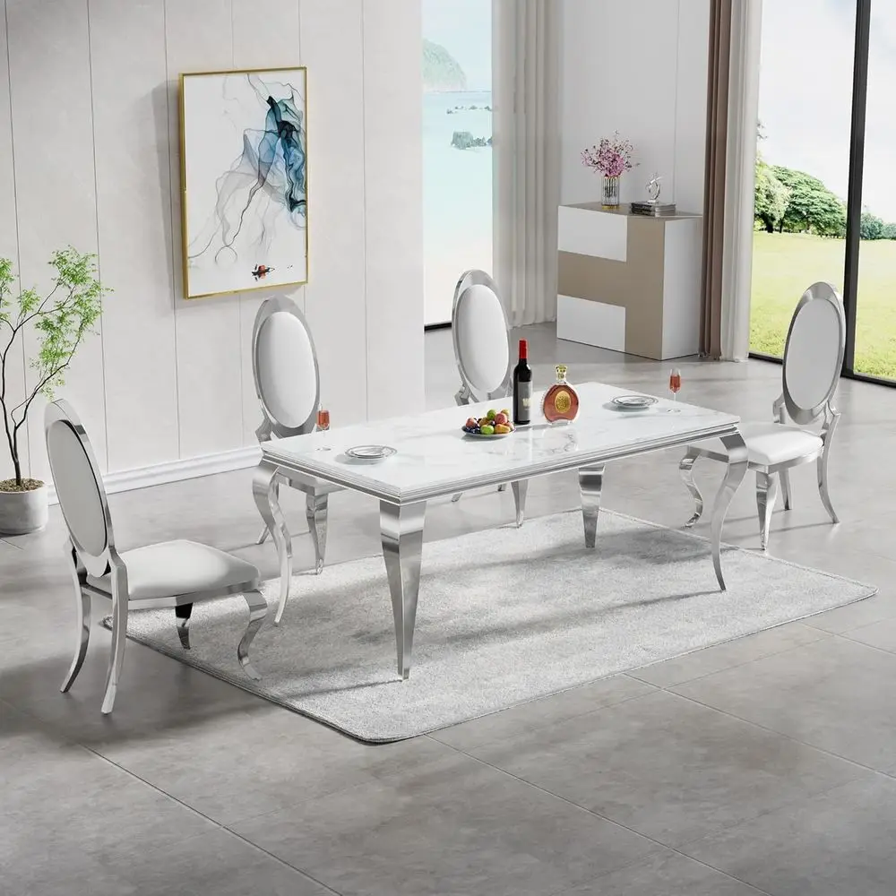 

Luxury Marble Dining Set with 4 White Leather Chairs & Silver Steel Pedestal