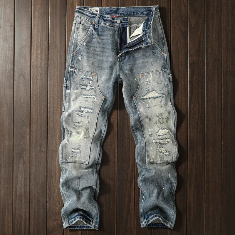 

2026 New Heavyweight Jeans Men Ripped Patchwork High-End Classic Vintage Spliced Design American Fashion Denim Pants