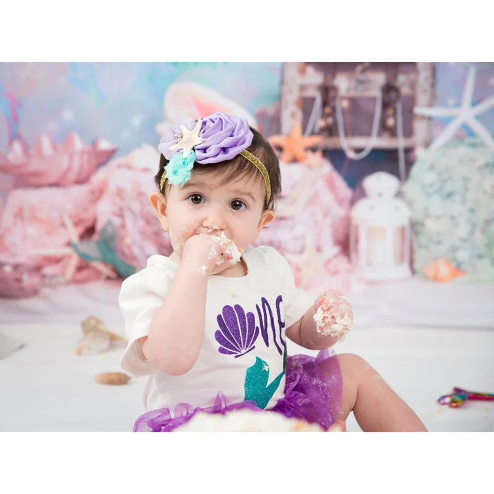 كعكة سحق الاطفال حورية البحر خلفيات للتصوير الفوتوغرافي 1st حفلة عيد ميلاد خلفية تحت سطح البحر موضوع طفلة الطفل صور استوديو الصور