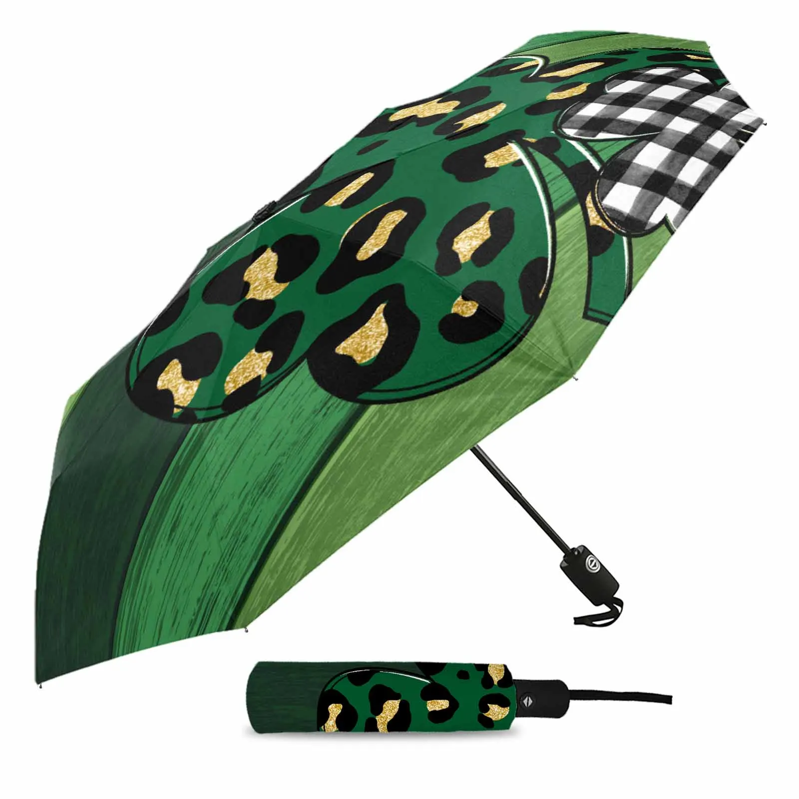 St. Patrick'S Day Four Leaf Clover Leopard Plaid Outdoor Fully-automatic Folding Eight Strands Umbrellas for Adults Umbrella