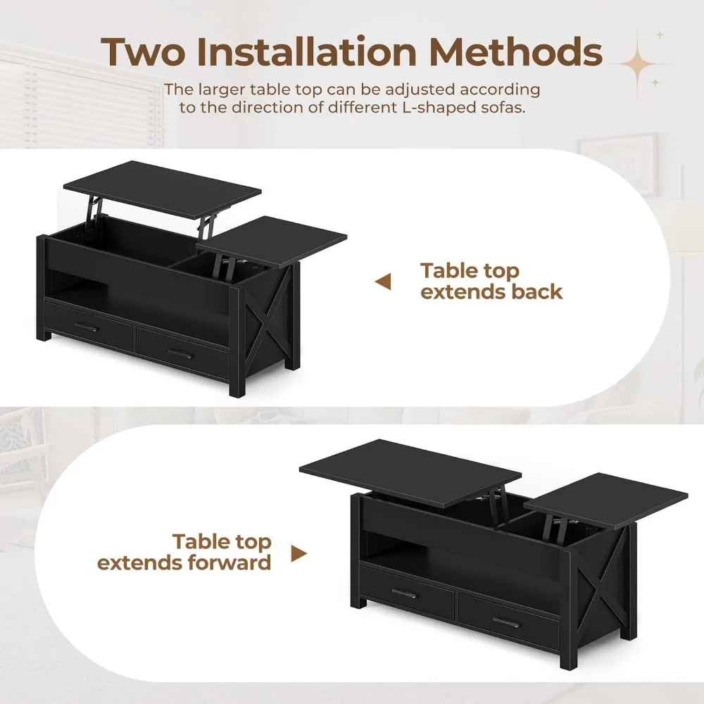 Table basse élévatrice avec compartiment GNE, table centrale de soutien de ferme en bois, 2 égouts de proximité de stockage, 47.2 po