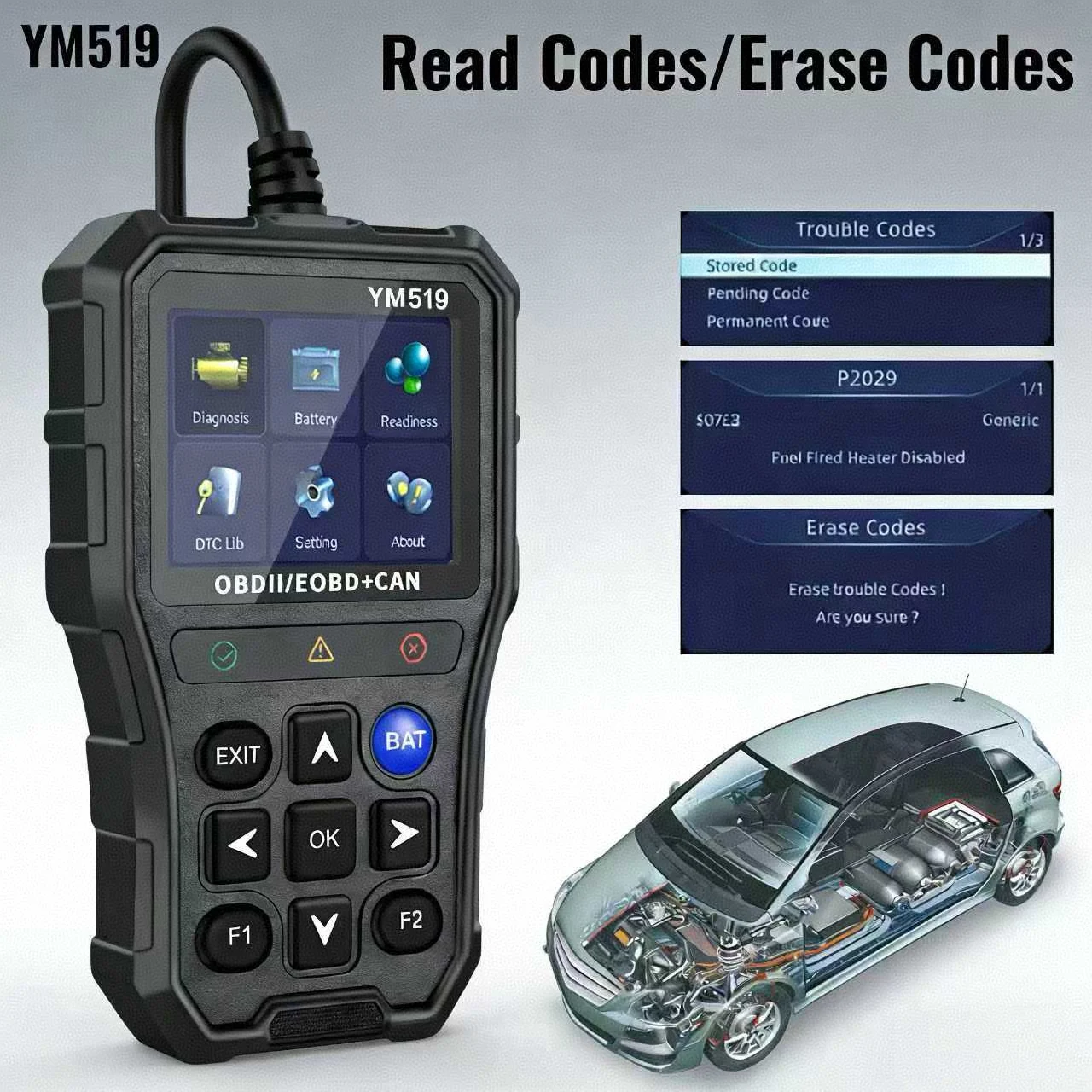 

YM519 OBD2 сканер 2в1 автомобильный диагностический сканер с тестером батареи полные функции OBD2 четкий свет двигателя 13 языков