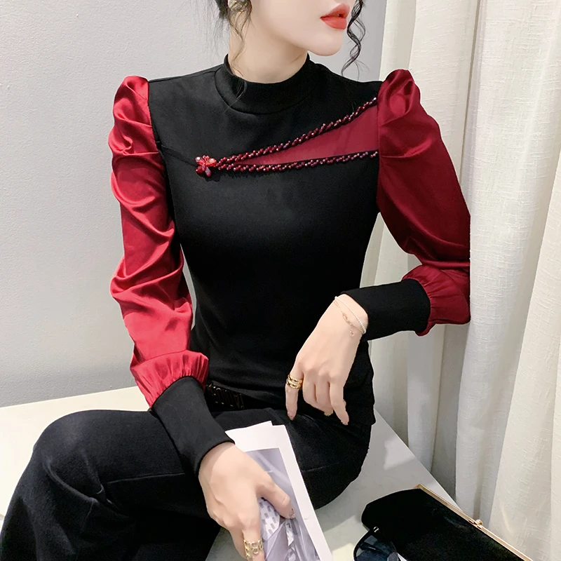 Camicia elegante con perline sottili Abbigliamento da donna Pendolarismo Impiombato Colori contrastanti Autunno Inverno Camicetta a collo mezzo alto Top Nuovo