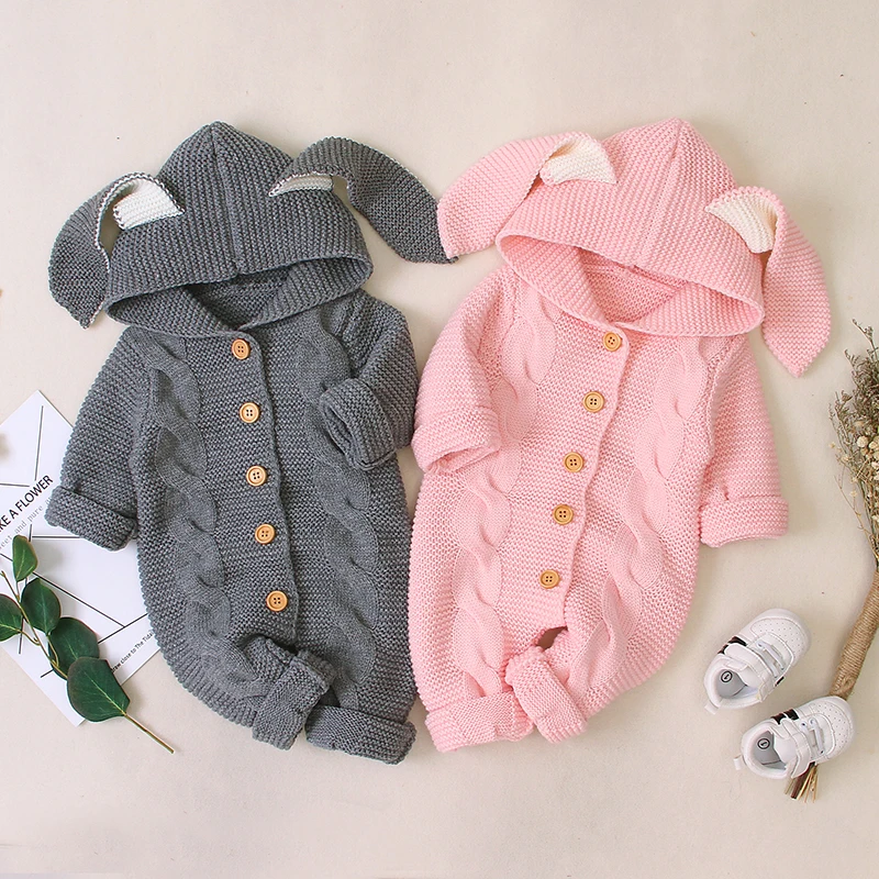 Newborn Baby Rompers Knit Boy Girl Jumpsuit Fashion Hooded Cute Ears Infant Kid Solid Clothing 0-18M Long Sleeve Overalls Autumn