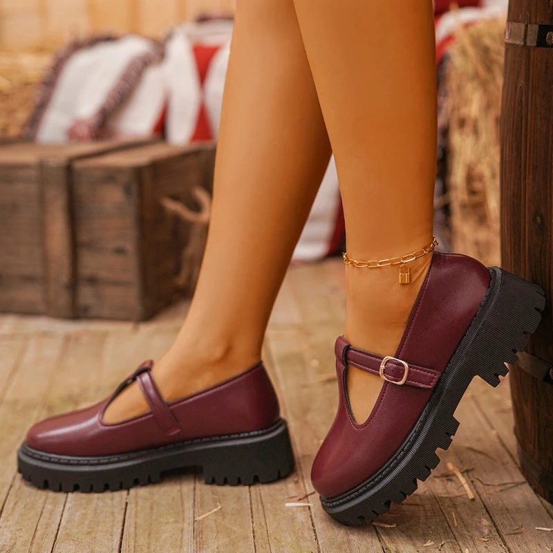 

Solid Color Mary Jane Platform Shoes Woman 2026 Buckle Strap Pu Leather Casual Shoes Woman Thick Sole Shoes