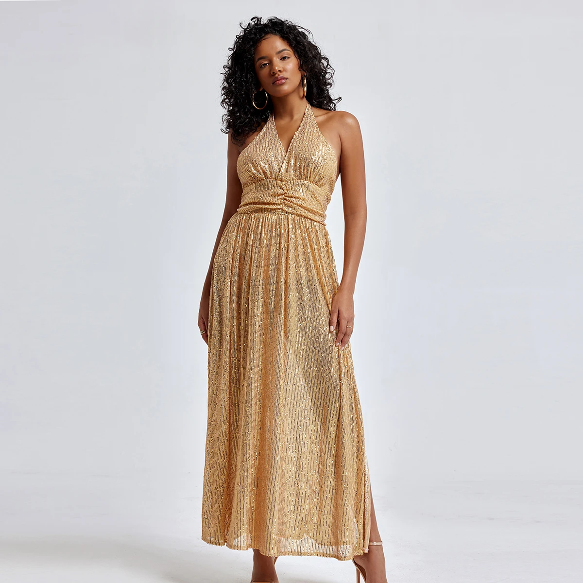Sexy Halter Sequined Evening Dress For Women Backless Sleeveless High Split Streetwear Party Club Formal Prom Gown Vestidos
