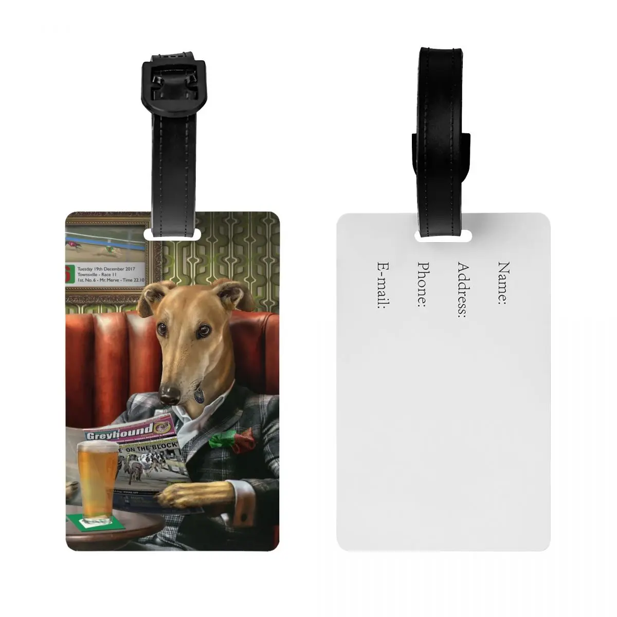 Custom Greyhound Dog Portrait Luggage Tag Whippet Sighthound Lover Travel Bag Suitcase Privacy Cover ID Label