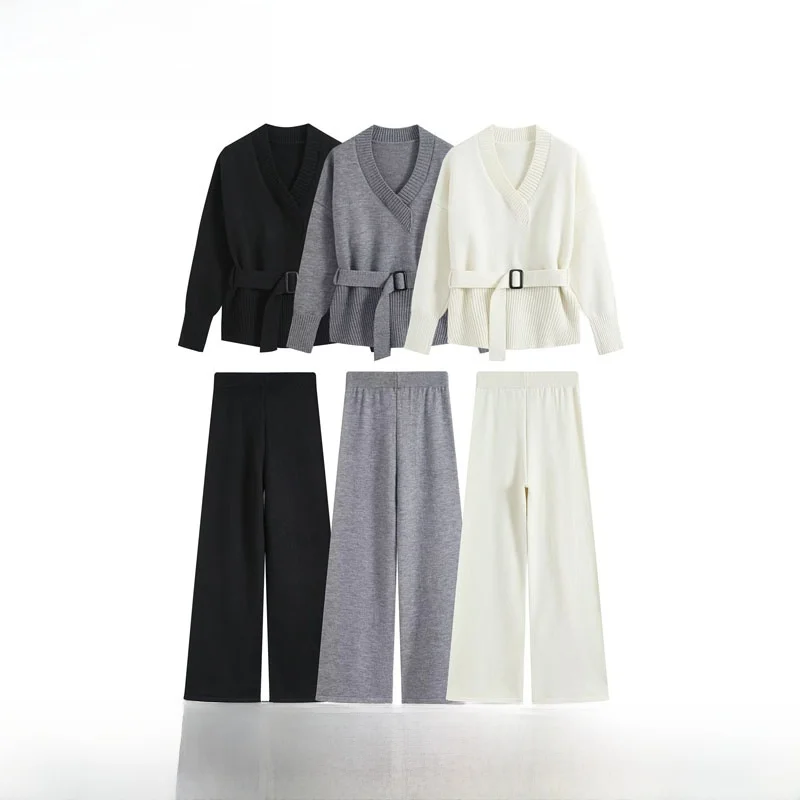 Early Autumn New Arrival Women's Fashionable Simple Versatile Slim Fit Knitted Set Waist Belt Two Piece Suit Polyester Fiber
