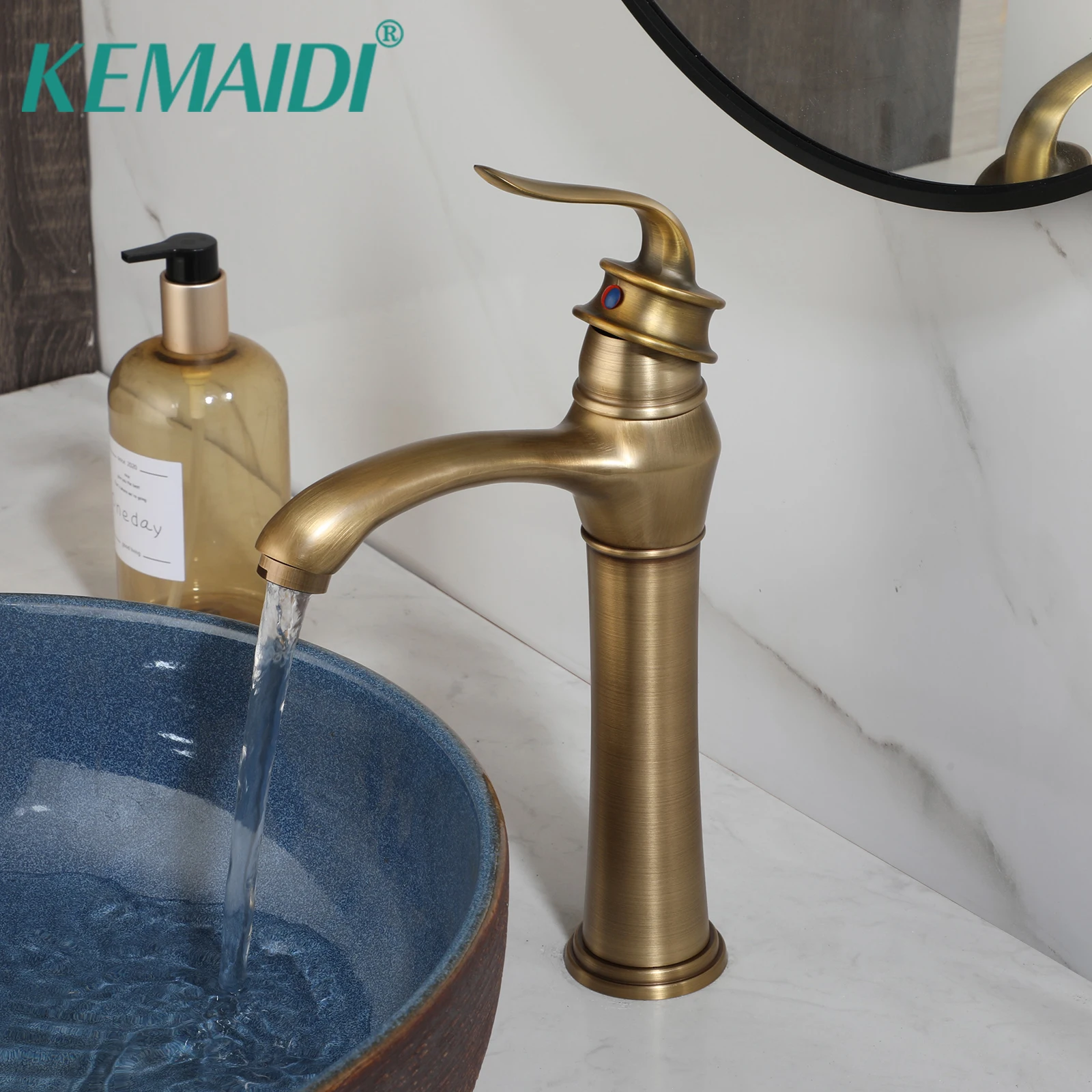 

KEMAIDI Bathroom Basin Faucet Antique Brass Single Handle One Hole Vanity Top Sink Bathroom Faucet Deck Mounted Tap Mixer