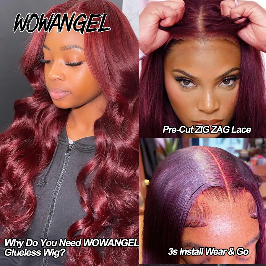 Wear&Go Pre Cut HD Lace Closure Wigs 250% 99J Burgundy Colored Body Wave Wigs 5x5 HD Transparent Lace Closure Human Hair Wigs