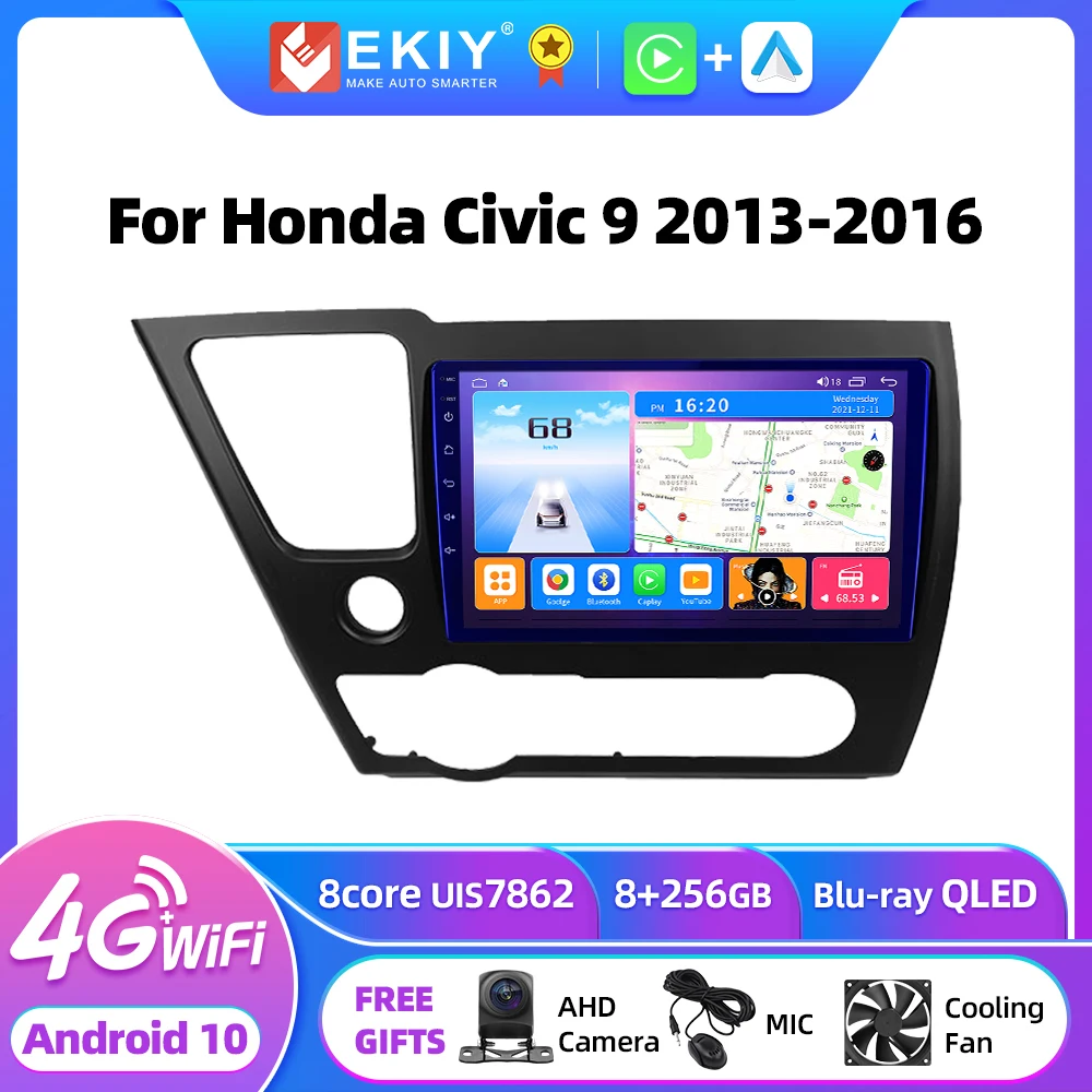 EKIY T7 Android 10 Car Radio For Honda Civic 9 2013 - 2016 QLED Multimedia Video Player Navigation GPS No 2din 4G Tape Recorder