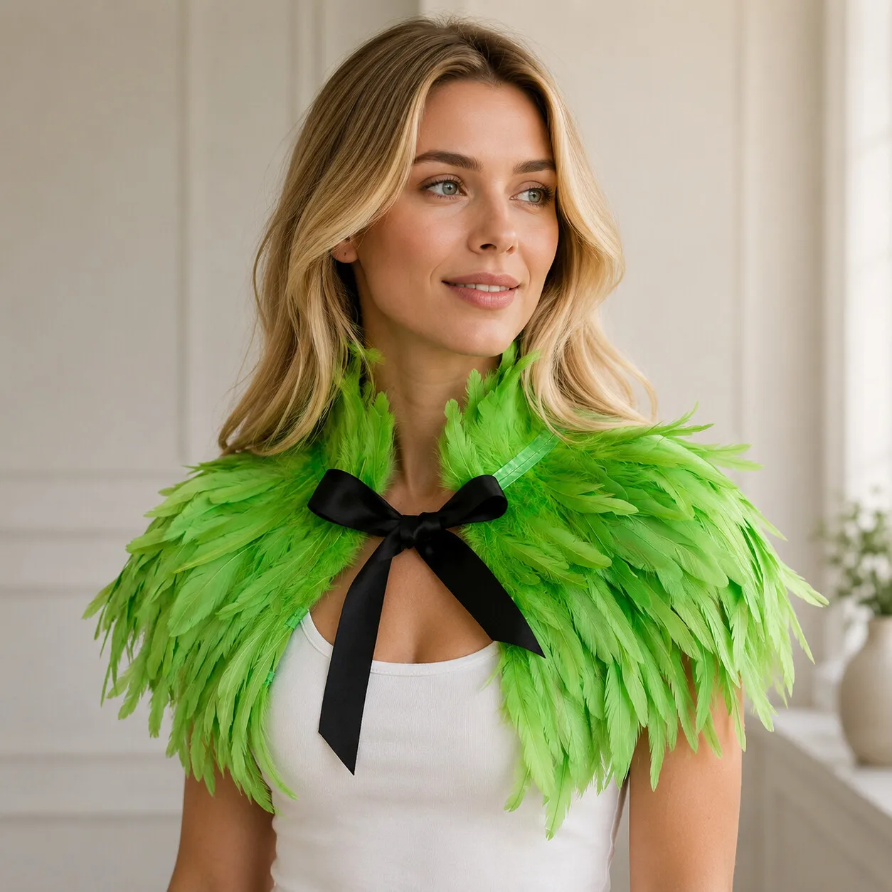 

Feather Shawl Cape - Gothic Natural Feather Shrug Shoulder Wrap with Black Ribbon Tie for Halloween Carnival Rave Cosplay Party