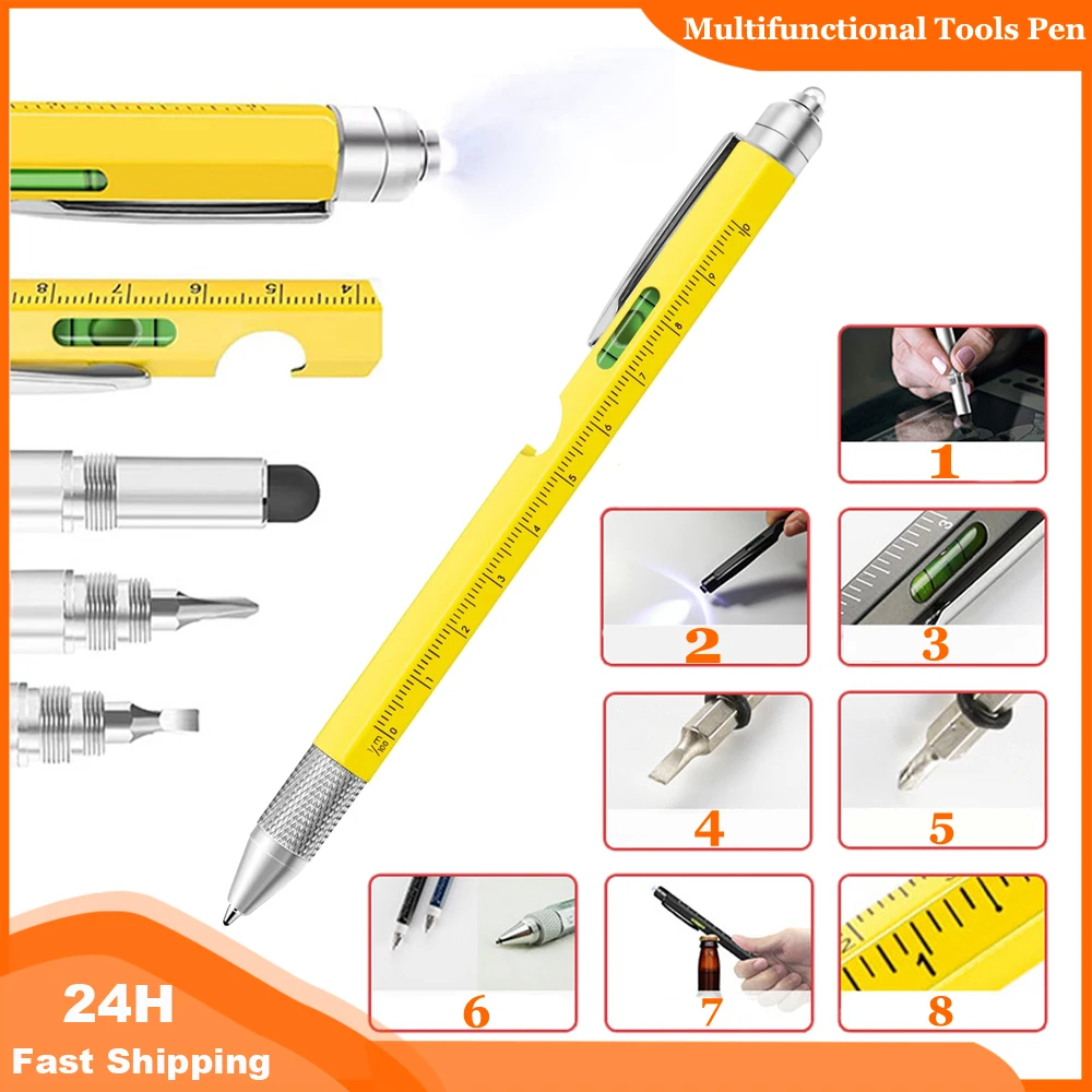 Outdoor 9in1 Multifunctional Tools Pen Screwdriver,Bubble Level Protractor,Bottle Opener,Ruler,LED Light,Touch Screen Stylus