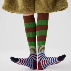 Autumn Winter Ins Fashion for Woman Gradient Striped Colorful Retro Calf Socks Cotton High Tube Soft Sport Women's Casual Sox