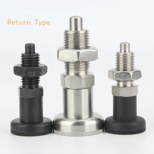 Pernos de índice tipo retorno y descanso, émbolo de indexación, rosca fina, acero inoxidable y perilla de acero al carbono con perilla de plástico